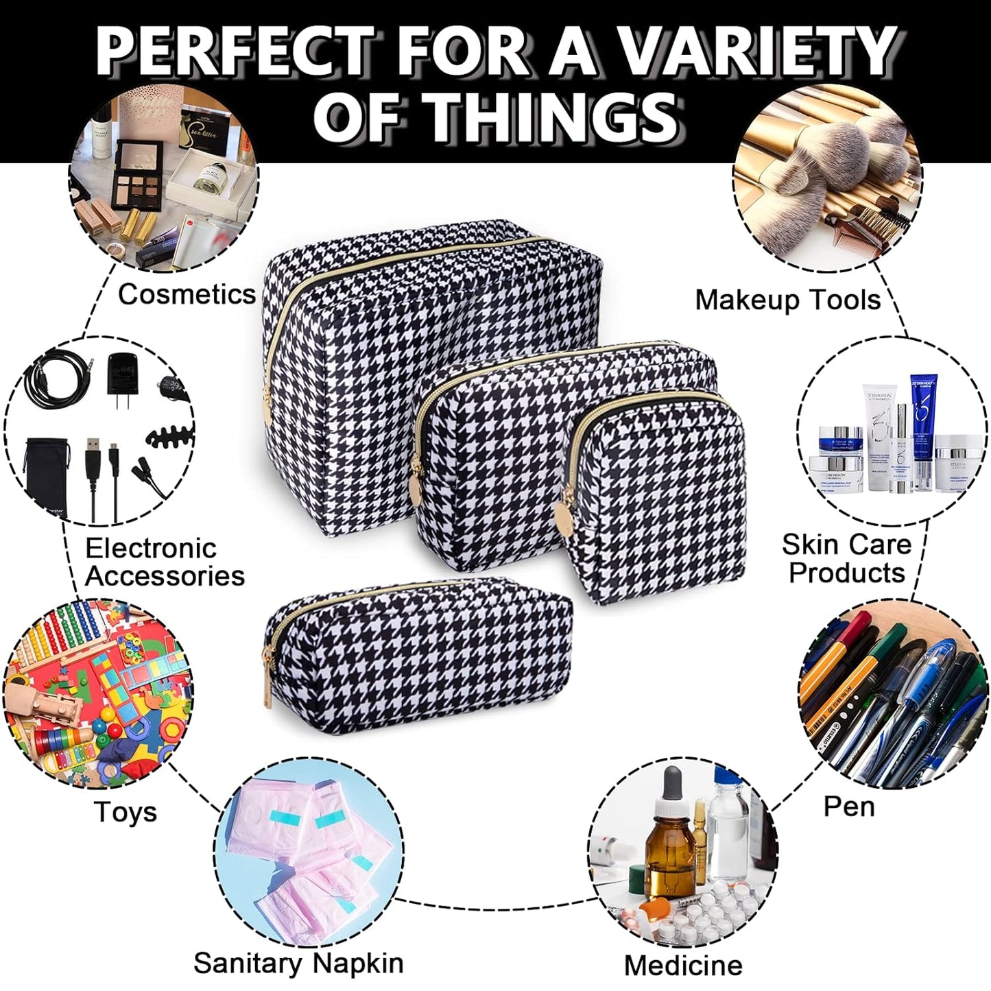 Large Makeup Pouch, Nylon Women Travel Toiletry Storage Houndstooth Cosmetic Bag for Girls, Big Preppy Makeup Organizer Cute Zipper Pouch Skincare Bag for Sport School (Large-Houndstooth)