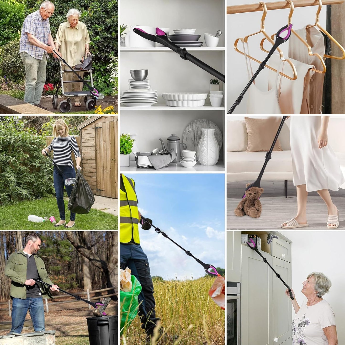 38" & 44" Extra Long Grabber Reacher Tool – 2 Pack Foldable Reacher Grabber Pickup Tools with 360° Rotating Jaw for Seniors, Hard-to-Reach Areas, Ergonomic Grip & Lightweight Design(Pink)