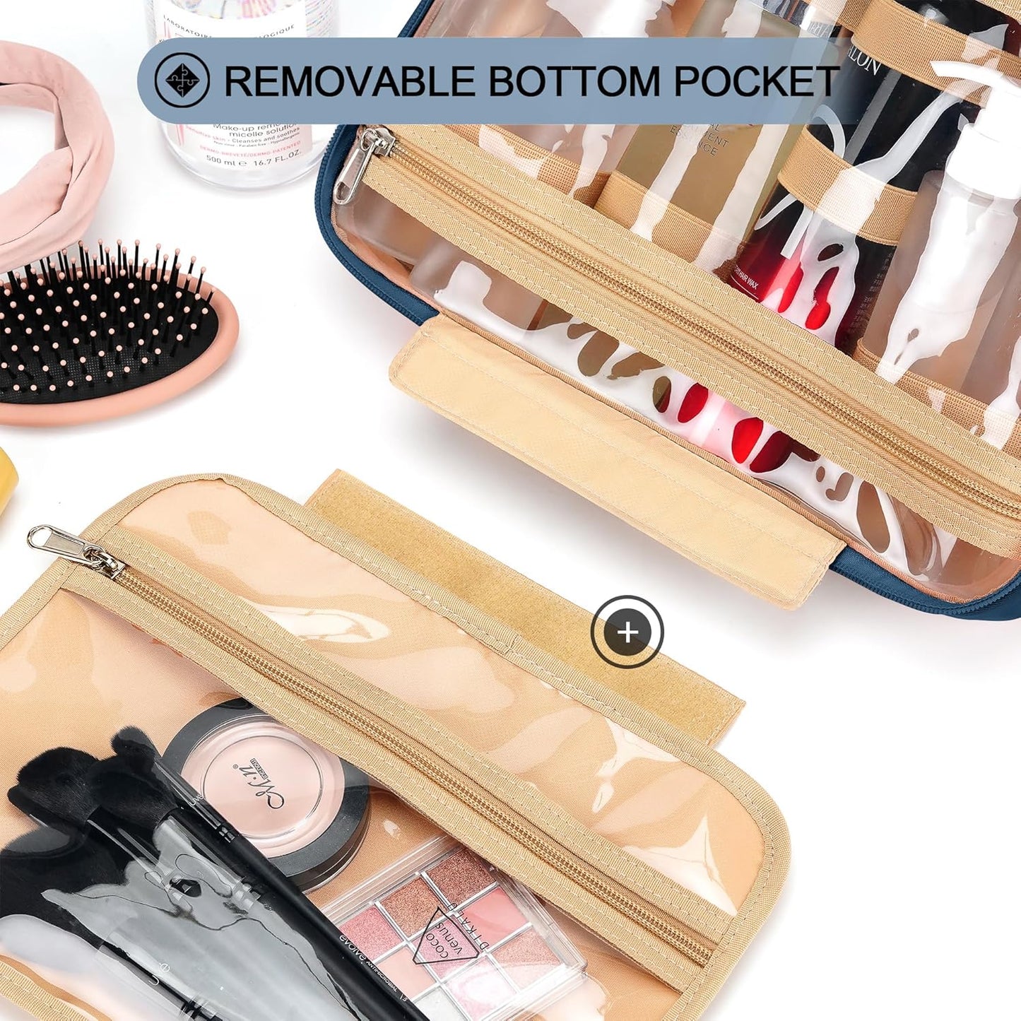 Travel Hanging Toiletry Bag for Women and Men, with 8 Leak Proofing Silicone Bottle Covers, Waterproof Makeup Accessories, Cosmetic Essentials, Toiletries Dopp Kit Set with Jewelry Organizer, Navy