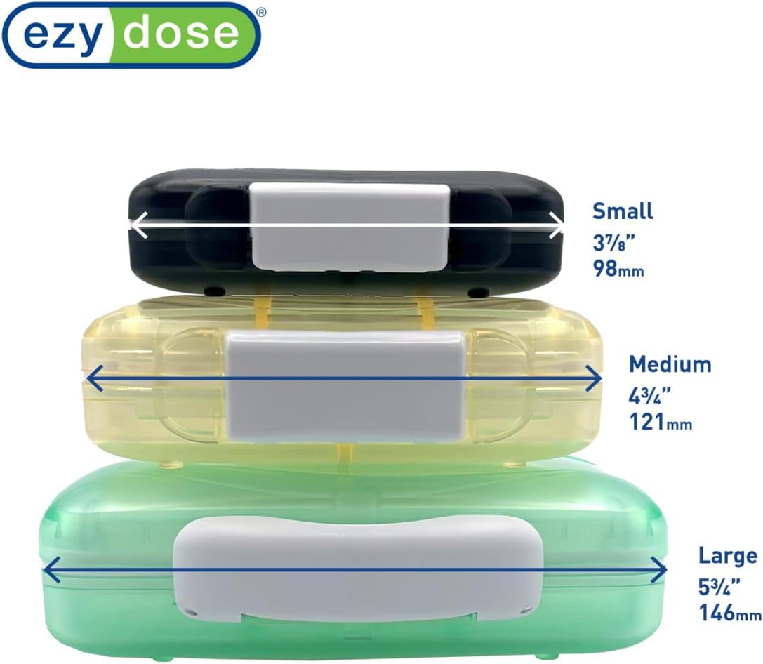 EZY DOSE Moisture-Proof Portable Pill Dispenser, Pocket Purse Organizer, Pharmacy Box, Travel Medication Holder, Latch-Closure to Secure Contents, Oversized Compartments, Airtight Seal, Medium, Black