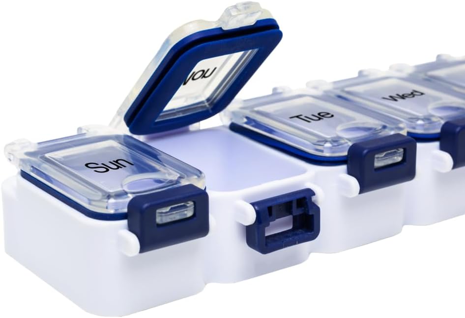 EZY DOSE Weekly (7-Day) Pill Planner, Medicine Case, Vitamin Organizer Box, Waterproof Locking Compartments to Secure Prescription Medication and Prevent Accidental Spilling, Blue