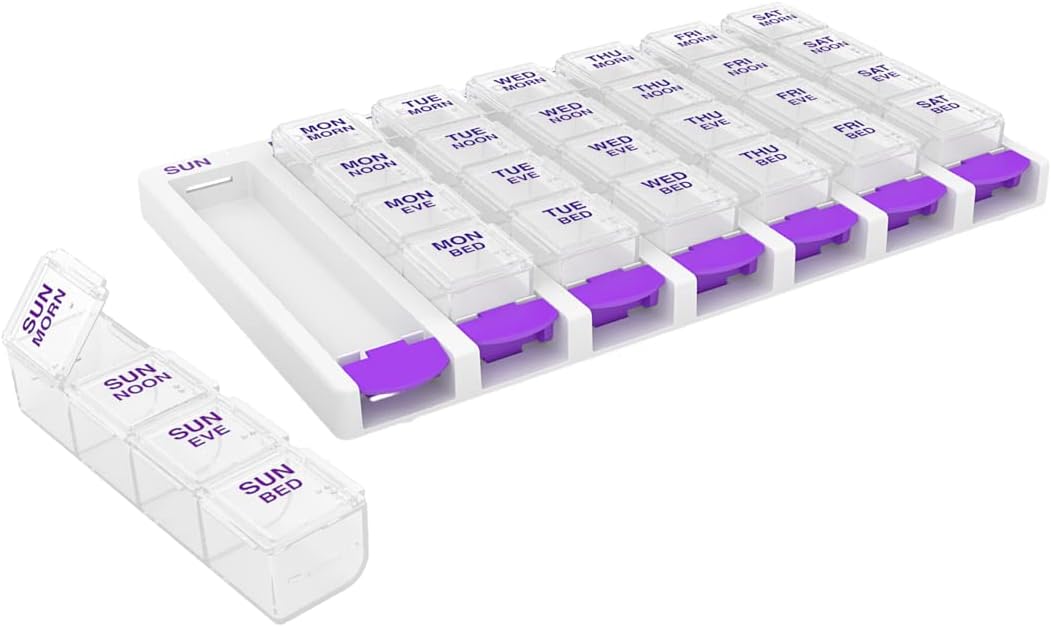 EZY DOSE Weekly (7 Day) 4 Times a Day Push Button Pill Organizer and Vitamin Planner, Removable Daily Pillboxes, Purple, Clear Lids, Small