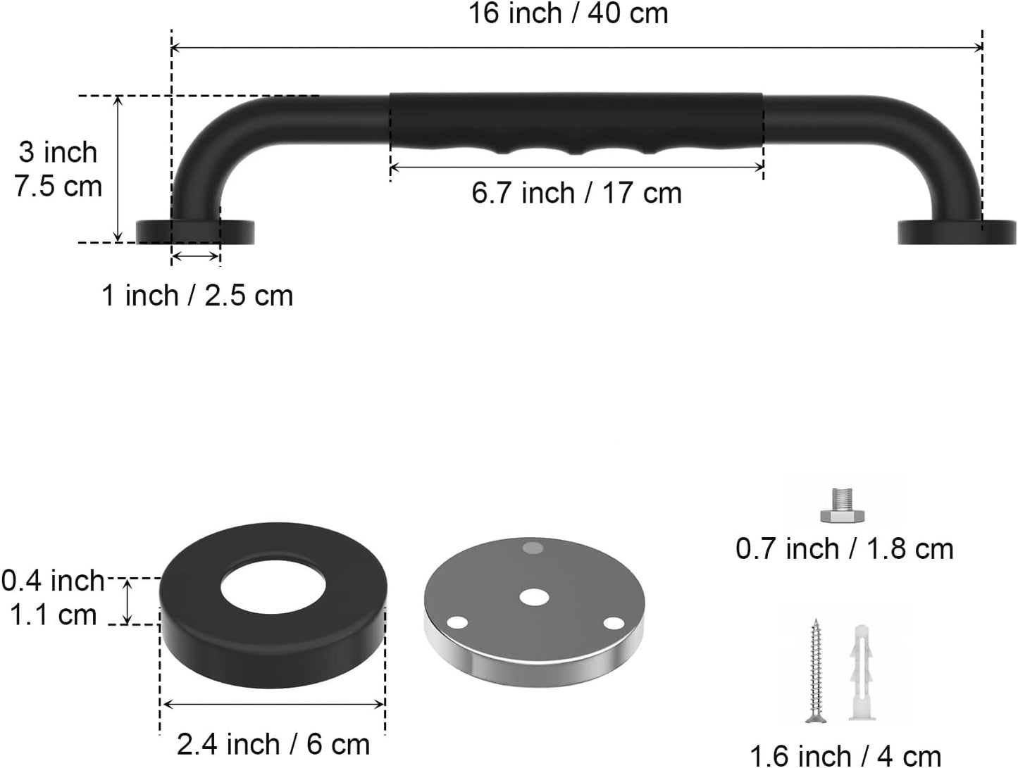 2 Pack 16 Inch Anti-Slip Shower Grab Bars w/Rubber Grip, iMomwee Stainless Steel Bathroom Wall Mount Matte Black Grab Bar Handle, Safety Balance Handrail, Handicap Elderly Senior Assist Bath Handle