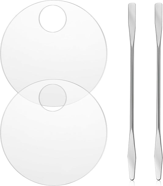 2PCS Makeup Mixing Palette with 2PCS Metal Spatula, Mixing Pigment Palette, Round White Clear Foundation Palette for Make up Eyeshadow Liquid Foundation Cosmetic Nail-Art Pigment Mixing Color