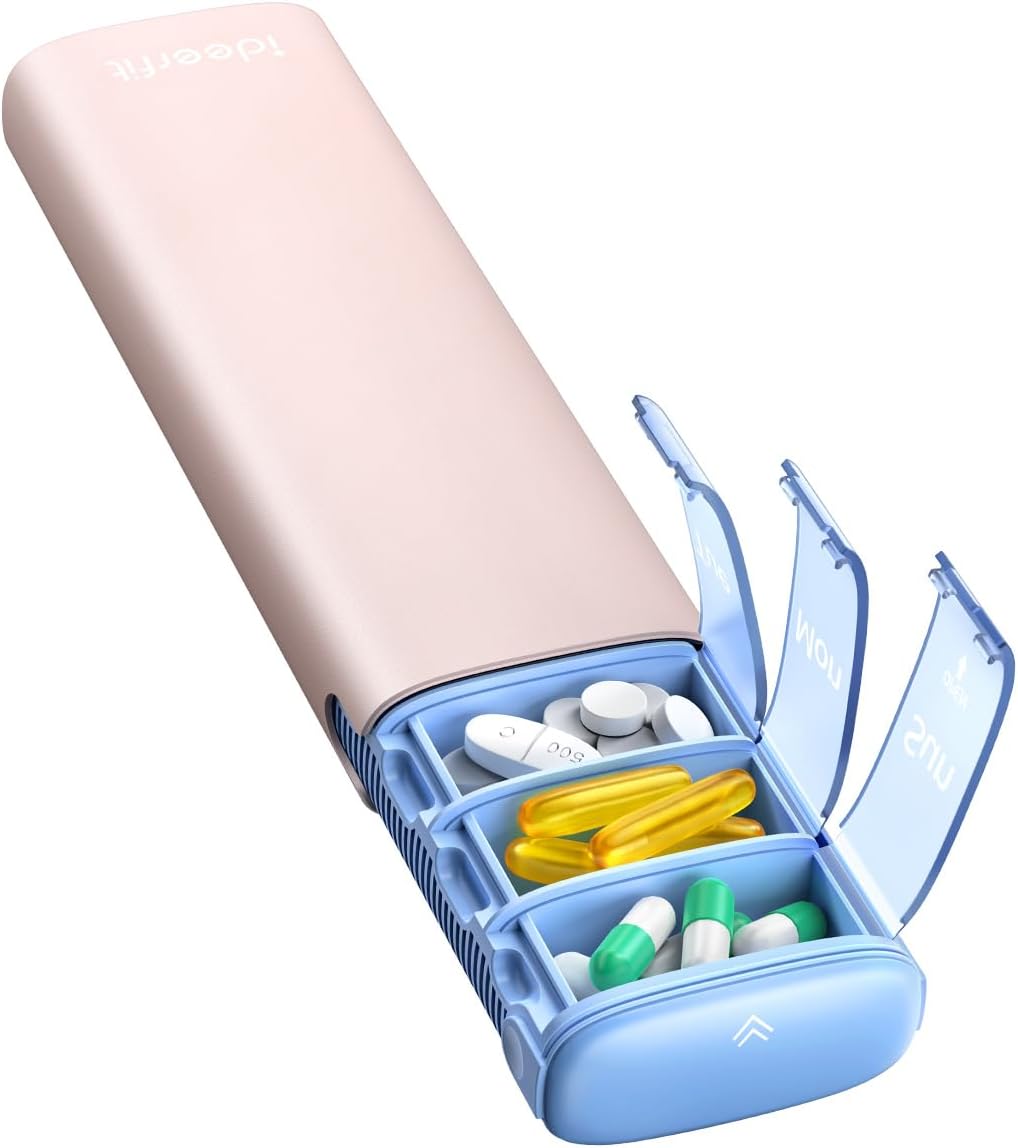 Weekly Travel Pill Organizer,Ideerfit Small Pill Box 7 Day,Portable Pill case,Daily Medicine Box,Drawer Design Pill Container for Medication, Vitamins, Fish Oils, Supplements,Pink