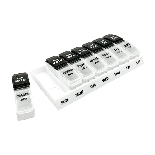 EZY DOSE Weekly (7-Day) Daily AM/PM Pill Case, Medicine Planner, Vitamin Organizer, Supplement Container, Large Pop-Out Compartments, Designed for Travel 2 Times a Day, Black and White Lids