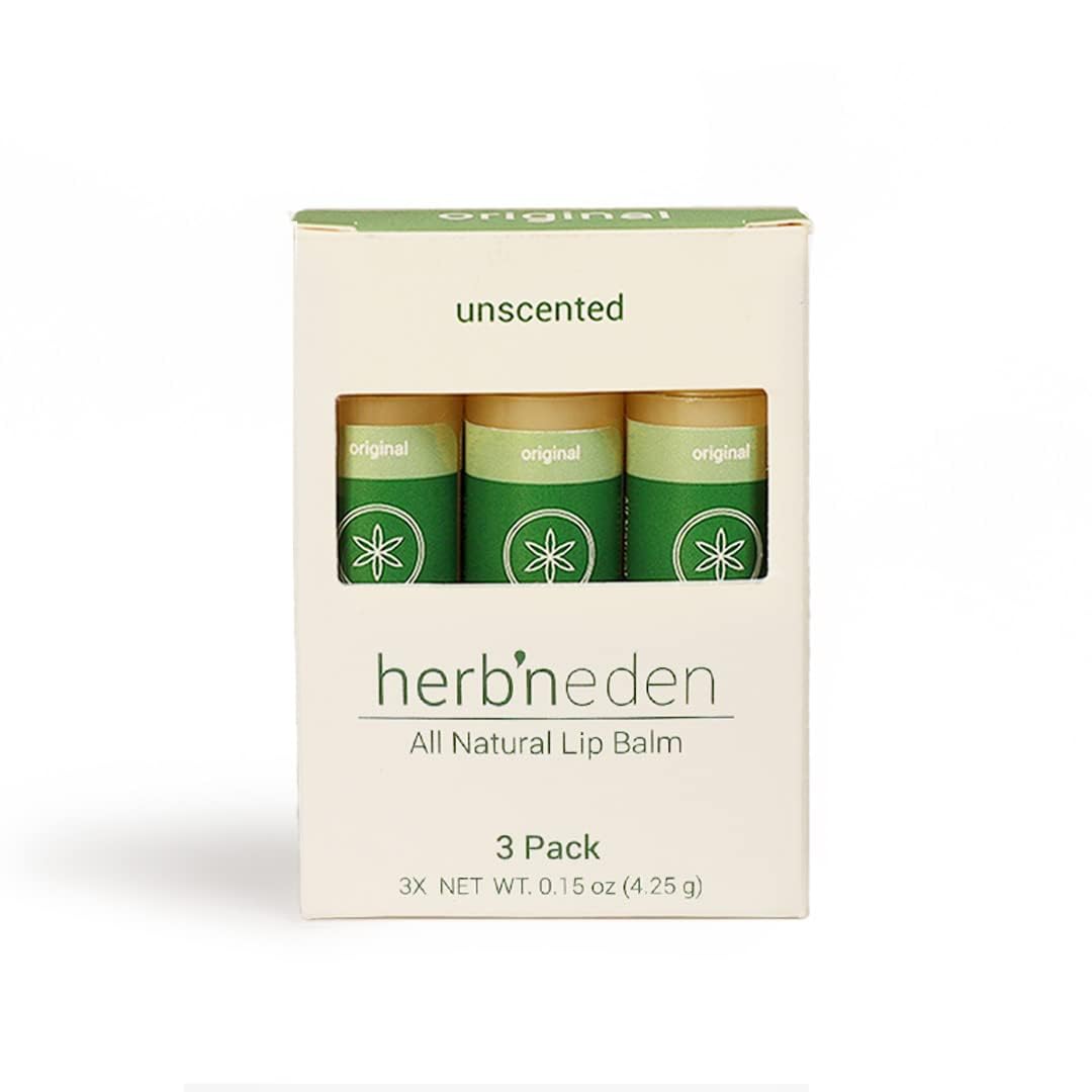 Herb’N Eden Original Lip Balm Pack of 3 | Moisturizing and Soothing for Dry, Chapped Lips | 100% Natural Ingredients | Essential Oils