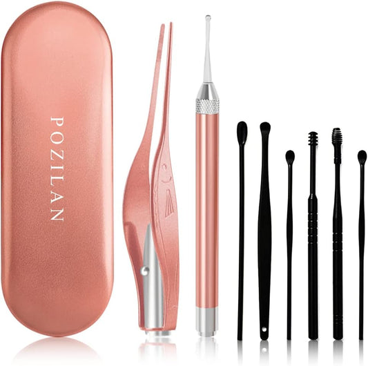 POZILAN Ear Picker Tweezers with LED Light - 8 Pack Ear Wax Removal Tool Cleaner Kit for Kids and Adults, Earwax Spoon Digger & Tweezers for Ear Cleaning Tool Gift Set