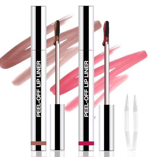 2Pcs Peel Off Matte Liquid Lip Gloss Stain-Lip Liner with Tweezer, Peel Off Lip Stain, Long Lasting & Waterproof Lipstick Tattoo, Transfer-Proof Lip Gloss for All Skin Types (02#+06#, 2Pcs)