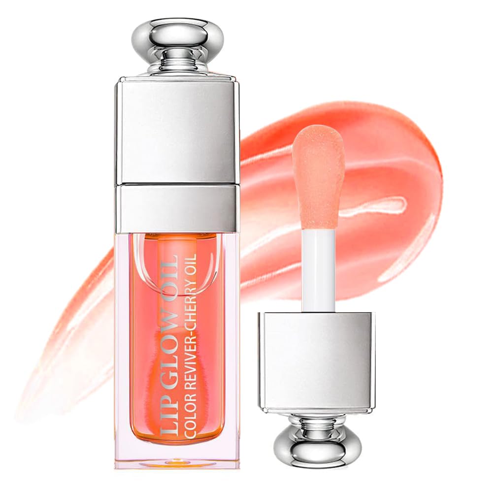 Hydrating Lip Glow Oil, Lip Oil Gloss Transparent Toot Tinted Nourishing Long Lasting Repairing Lightening Lip Lines (PINK) 0.2 OZ
