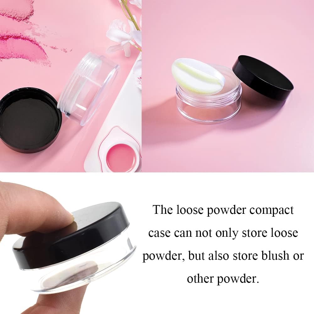 HAHIYO 4pcs 10ml/0.34oz Plastic Empty Travel Compact Case Makeup Cosmetic Jar Refillable Powder Box No Leak Holder with Rotatable Sifter and Black Screw Lid