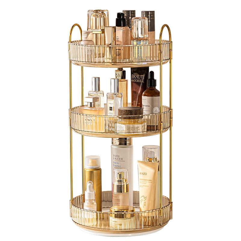 360 Rotating Makeup Organizer - High-Capacity Skincare & Cosmetics Organizer for Vanity, Bathroom or Dresser (3 Tiers, Amber)