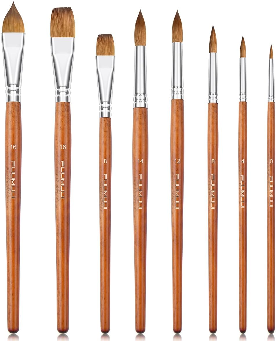 Sable Watercolor Brushes Professional, Fuumuui 8Pcs Sable Brush Set Variety Shapes with Flat, Round Pointed, Liner, Cat's Tongue Oval Wash Perfect for Watercolor Acrylic Gouache Inks Painting
