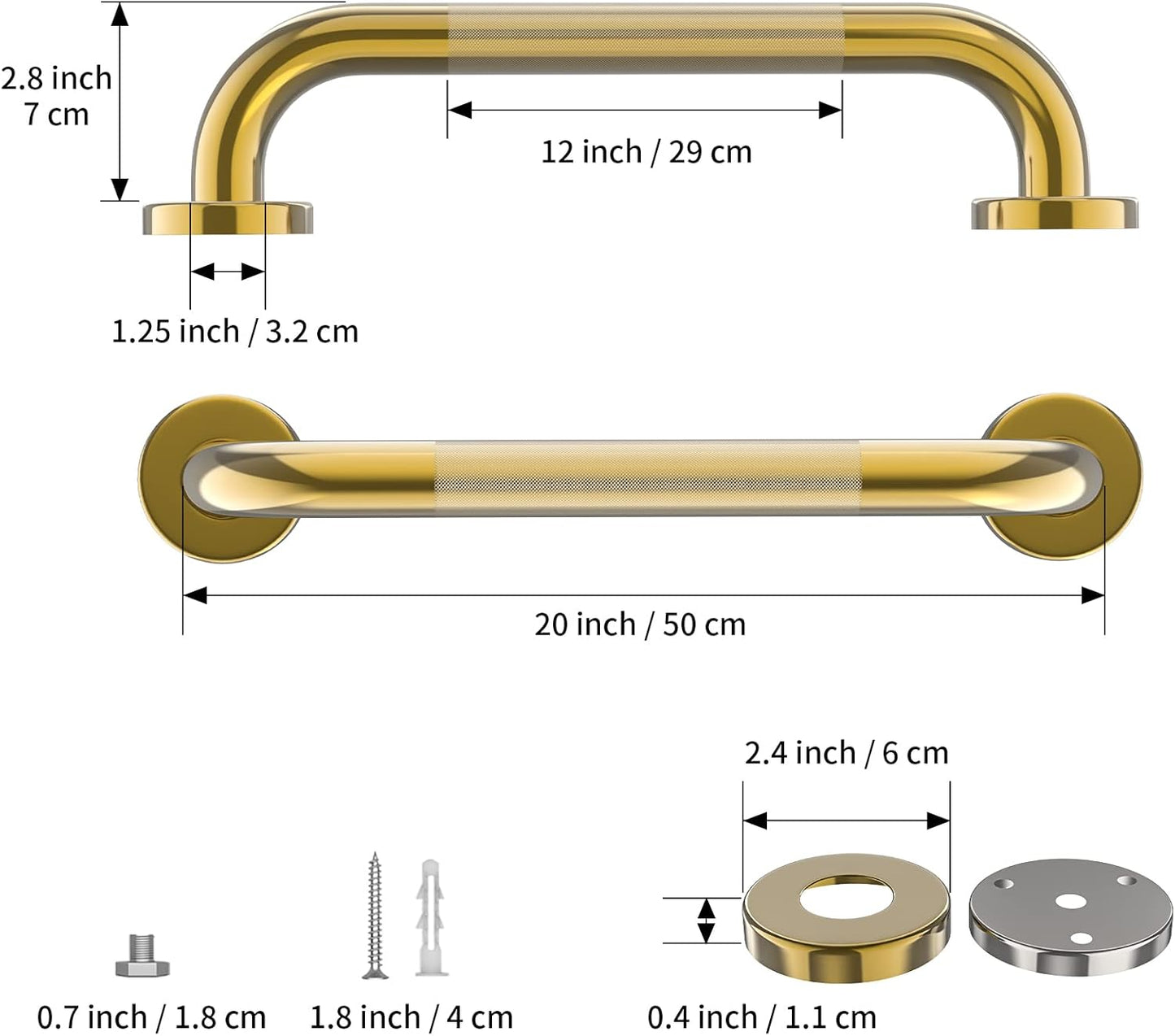 Gold Shower Grab Bar w/Anti-Slip Knurled Grip 20 Inch, Zepolu Wall Mounted Stainless Steel Bath Grab Bar,Safety Balanced Handrail, Handicap Injury Elderly Senior Assist Support Textured Handle