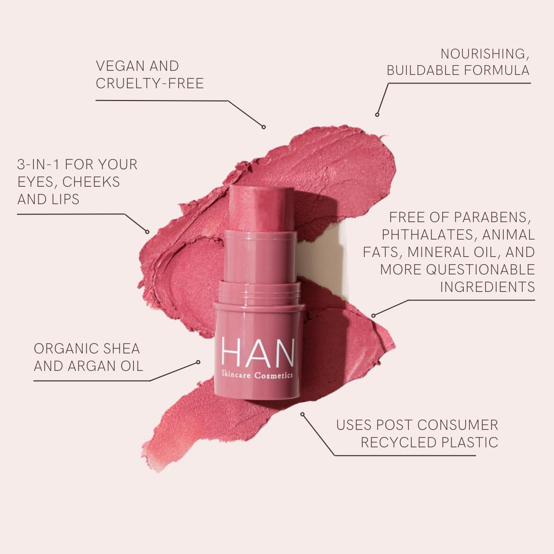 HAN Skincare Cosmetics Vegan, Cruelty-Free, 3-in-1 Multistick for Cheeks, Lips, Eyes, Cherry Cosmos | Large