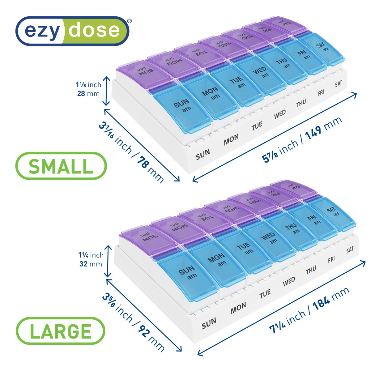 Ezy Dose Weekly (7-Day) AM/PM Pill Organizer, Vitamin and Medicine Box, Small Pop-out Compartments, 2 Times a Day, Blue and Purple Lids