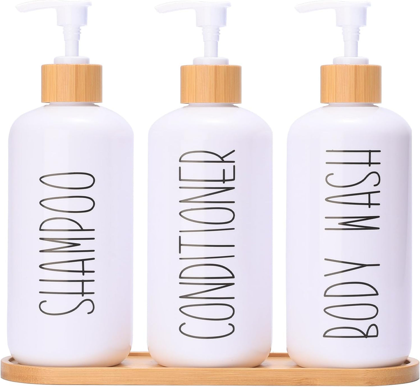 MOMEEMO White Shampoo and Conditioner Dispenser Set, Contains 3 Extra-Thick PET Plastic Bottles, Refillable Shampoo and Conditioner Bottles Perfect for Farmhouse Bathroom Decor. (White)