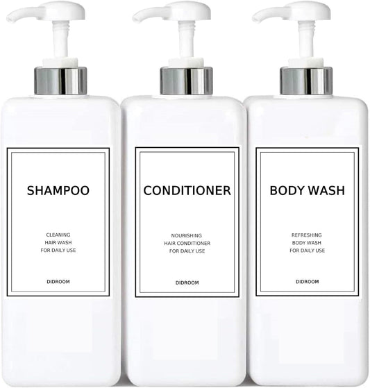 Modern Silver Shampoo and Conditioner Dispenser (21 oz, Pack of 3) Refillable Pump Bottle Set Empty Shower Plastic Bottles with Pump for Bathroom Body Wash Soap and Shower