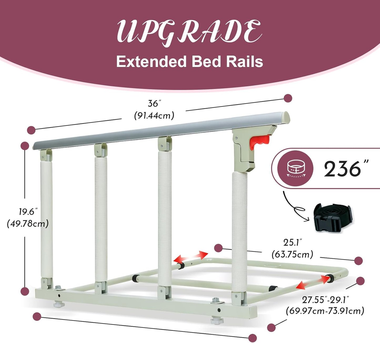 30″ Folding Bed Rail–Safety Bed Rails for Elderly Adults (Twin–King,Tool-Free) Supports300lbs|Non-SlipStrap&FoamBase|180°Fold-DownDesign|Height17–21″Adjustable|PaddedGrip&OrganizerPouch