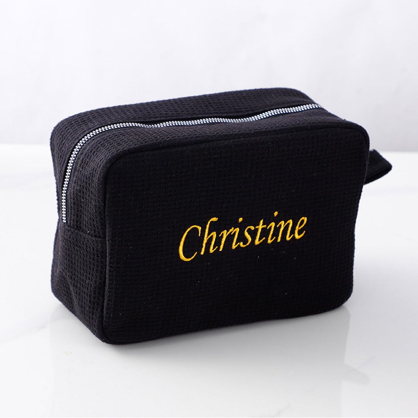 GOPHIE Personalized Embroidered Makeup Bag,Custom Waffle Fabric Cosmetic Pouch for Women, Travel Makeup Pouch (6, Black)