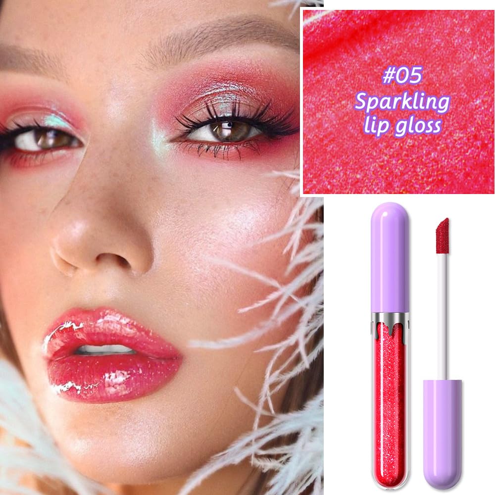 Glitter Liquid Lip Gloss,Pink Shimmer Lipstick, Waterproof Shimmer Lip Stain Lip Glaze, High Shine Long Lasting Shiny Lip Color Makeup 05#