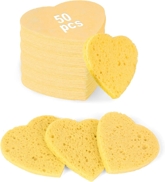 50-Count Heart Shape Compressed Facial Sponges,100% Natural Cellulose Face Sponge Spa Sponges for Removing Dead Skin, Dirt and Makeup(Yellow)