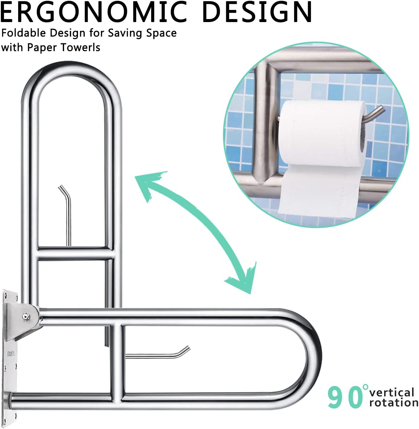 29.5 INCH Stainless Toilet Safety Rails,Disabled Flip-Up Bathroom Grab Bar with Paper Holder,Toilet Handrails Hand Grips Handle Shower Assist Aid, WochiTV Handicap Grab Bars for Elderly