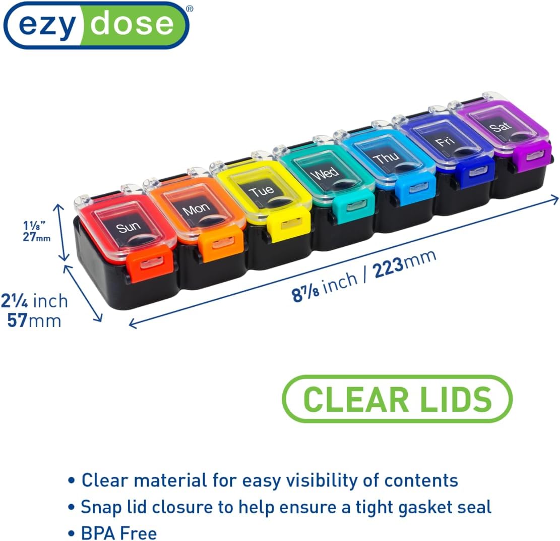 EZY DOSE Weekly (7-Day) Daily Pill Planner, Medicine Case, Vitamin Organizer Container, Waterproof Locking Compartments to Secure Prescription Medication and Prevent Accidental Spilling, Rainbow