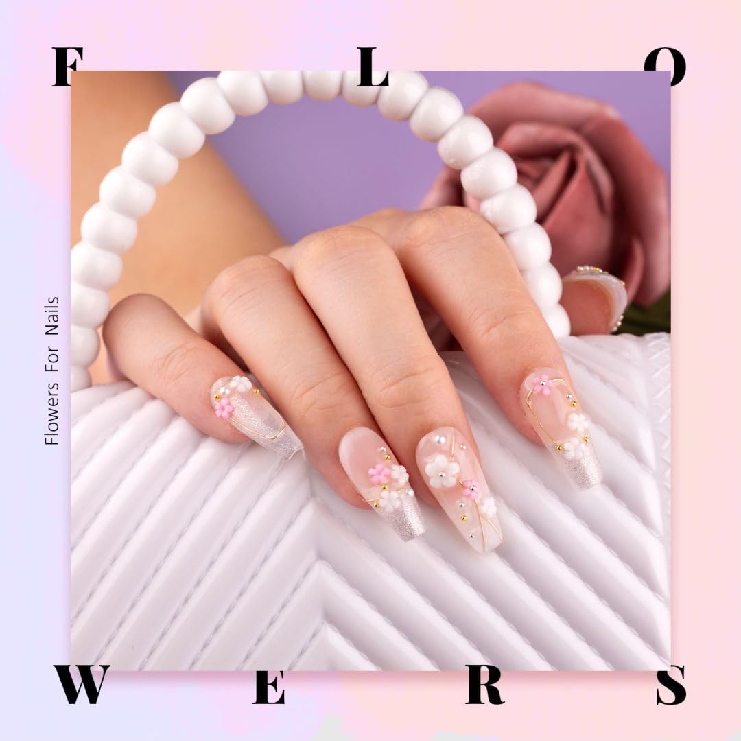 3D Nail Flowers Charms,White Pink Acrylic Flower with Caviar Beads,Rhinestones for Nails 3D Nail Charms for Acrylic Nails for Manicure Salon DIY Nail Art Decor with Pickup & Dotting Tools