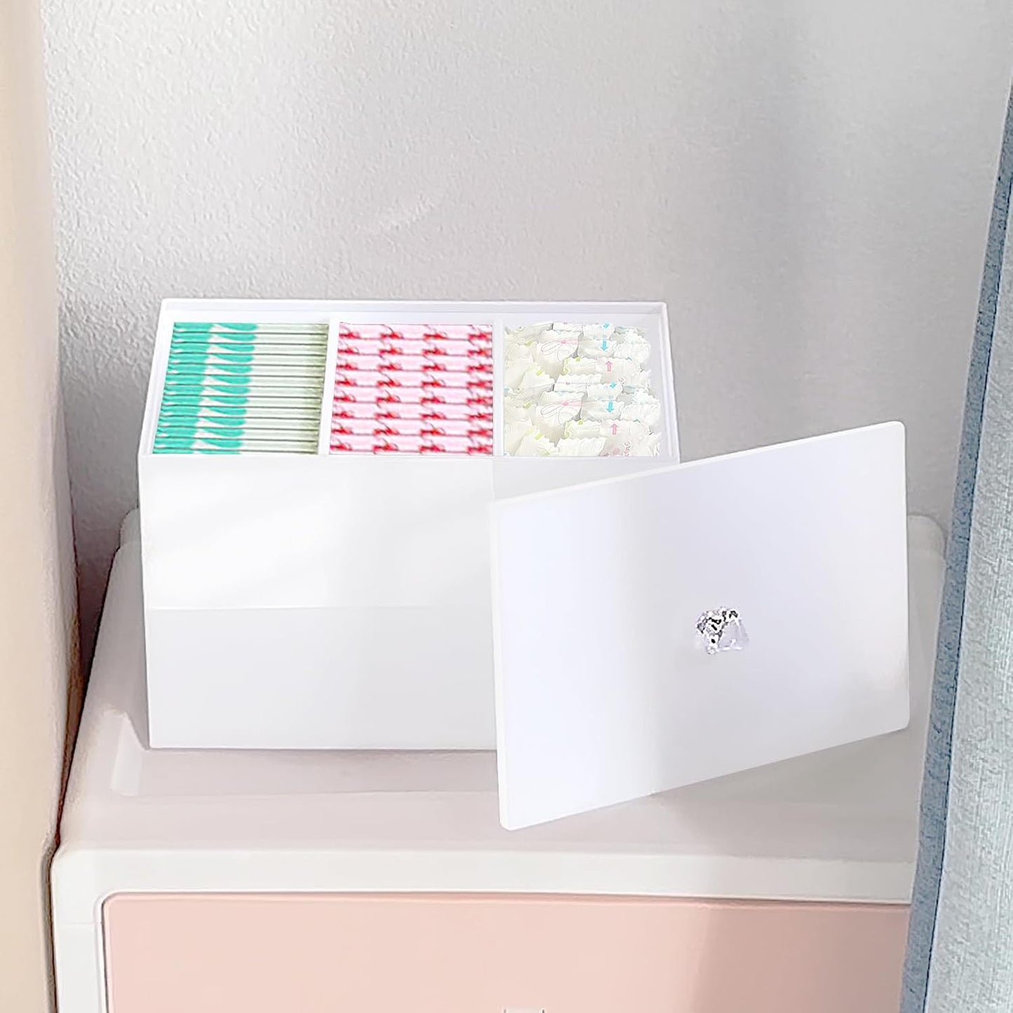 Tampon Box for Bathroom, Tampons and Pads Storage Holder, Women Period Organizer Container, White