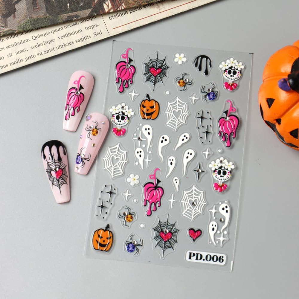 2Pcs Halloween Nail Stickers 5D Embossed Self Adhesive Day of The Dead Nail Decals with Cute Ghost Design Spider Web Pumpkin Nail Art Stickers Halloween Nail Supplies Nail Art Decoration for Women