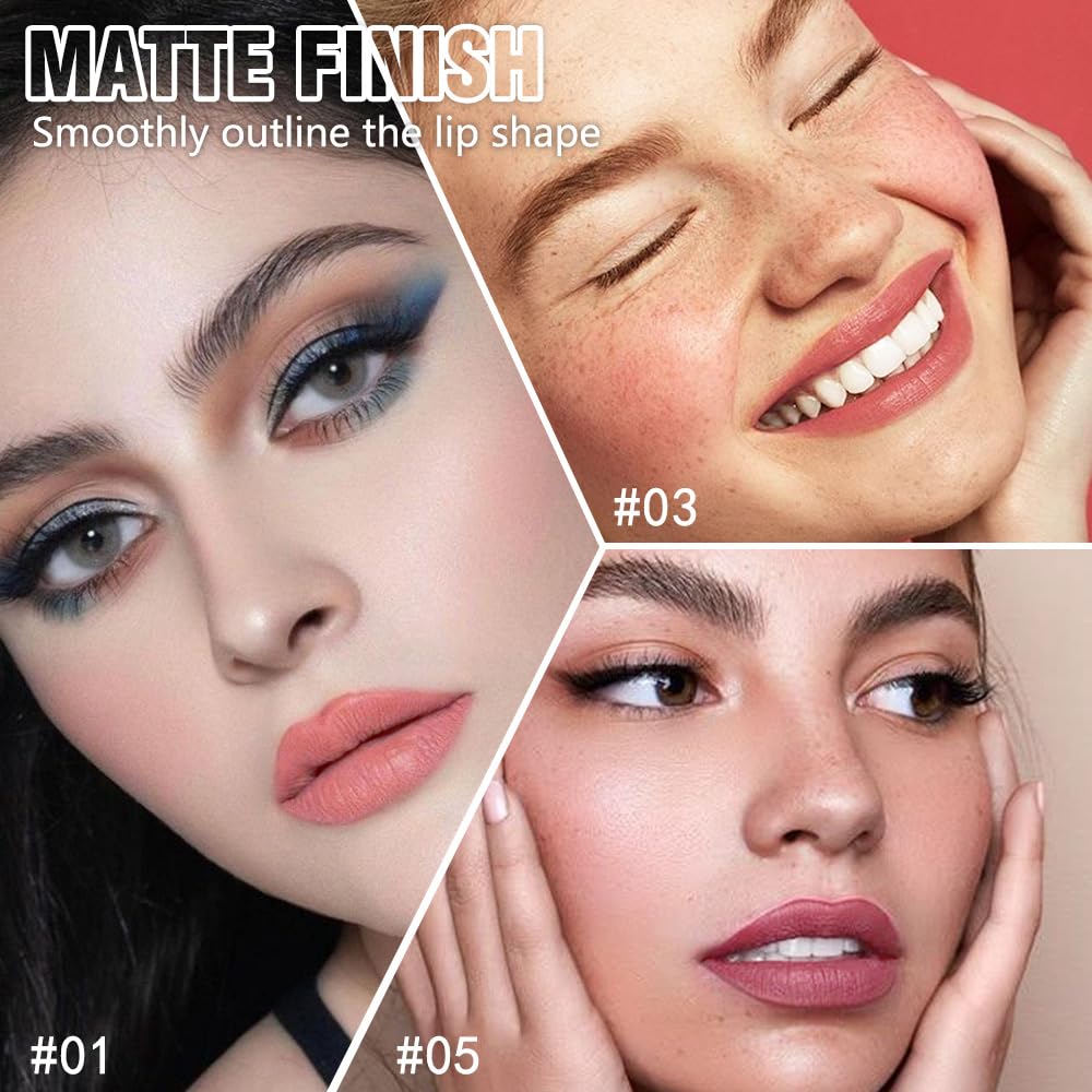3Pcs Matte Lipstick Crayon Set for Women, 24 Hour Lipstick Lip Liner Pencil, Neutral Lip Stick Lipliner Long Lasting Waterproof Smudge Proof, Vegan & Cruelty-Free, 01+03+05