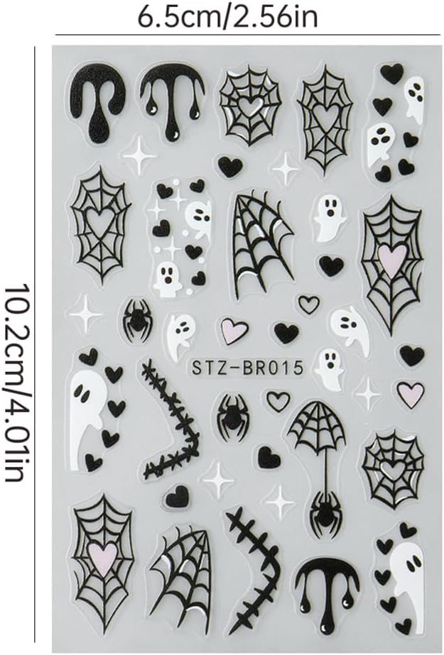 4sheets Halloween Nail Stickers 3D Self-Adhesive Ghost Nail Art Stickers - Black Spider Bat Decals with Heart Spider Web Blood Droplets Design for Women DIY Holiday Nail Decoration