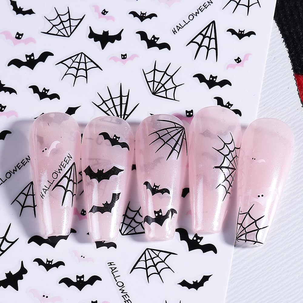 Halloween Nail Art Stickers Ghost Nail Decals 3D Horror Ghost Skull Spider Web Bat Pumpkin Butterfly Self-Adhesive Decals Designs Halloween Nail Supplies for Women Manicure Decorations 3 Sheets