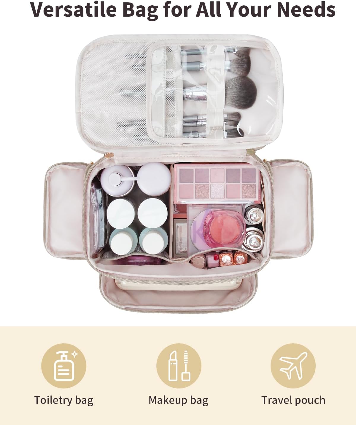 WANDF Travel Toiletry Bag for Women, Wide-open Large Makeup Bag with Handle, Puffy Makeup Organizer for Toiletries, Cosmetics, Accessories, Essentials (Light Khaki)