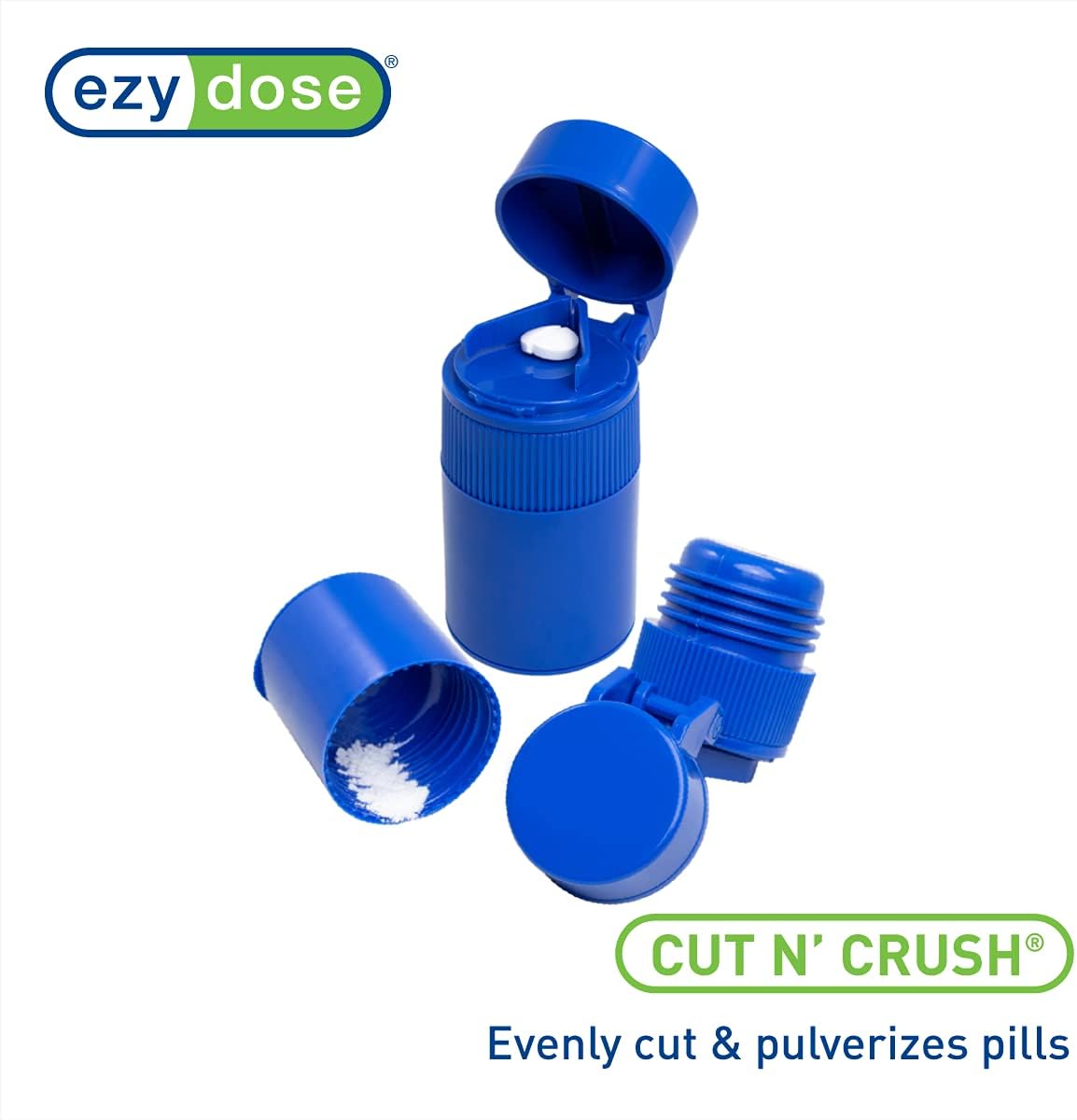 EZY DOSE 3 Compartment Pill Crusher, Cutter and Grinder, Daily Usage, Safely Cut Pills, Vitamins, Tablets, Accurate and Easy Cutting, Stainless Steel Blade, Removable Drinking Cup, Blue, BPA Free