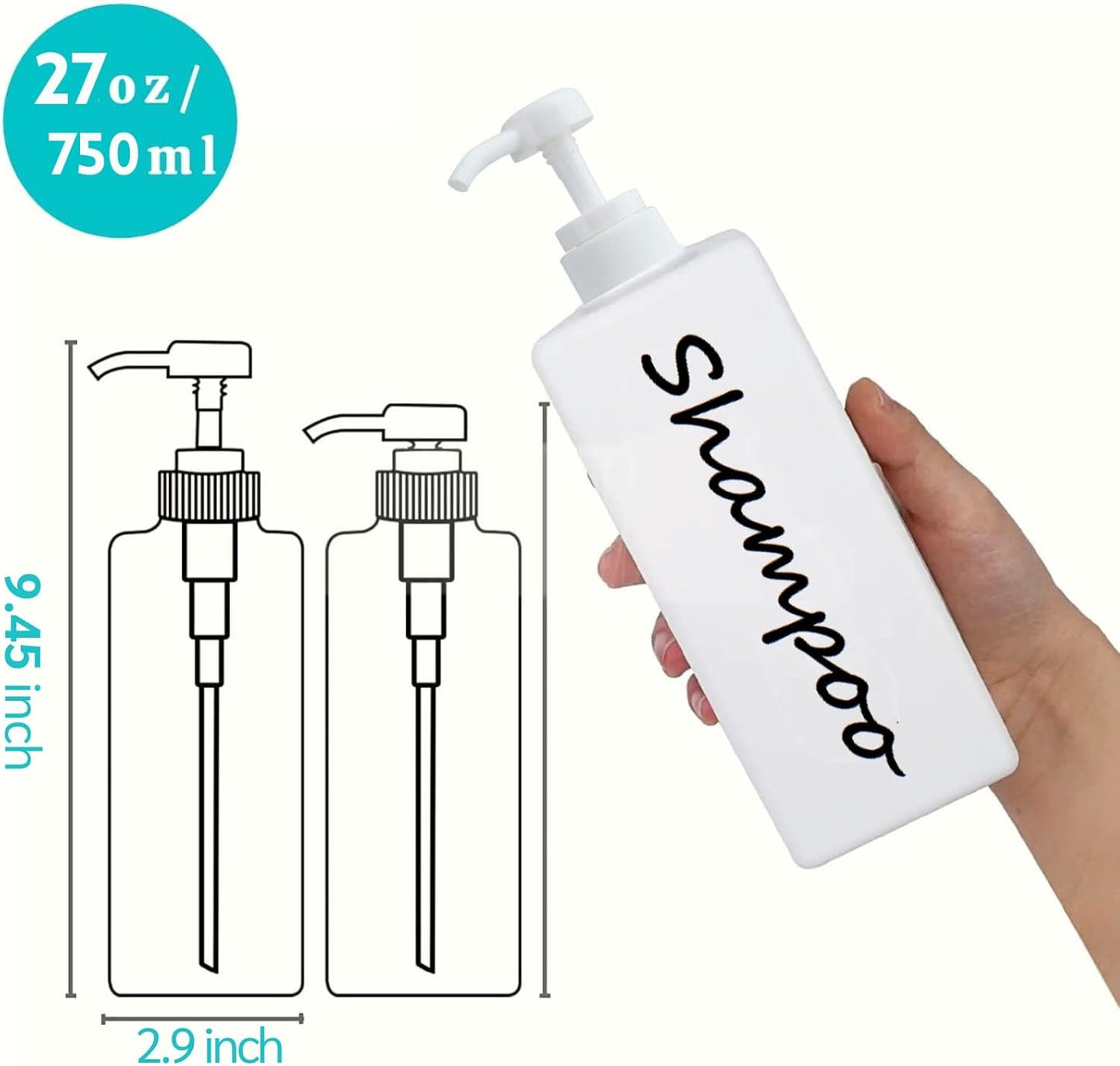21oz Shampoo and Conditioner Dispenser (Set of 3) Modern Refillable Shampoo Pump Bottles for Shower Soap - Empty Shampoo Conditioner Body Wash Dispenser Set - Stylish Permanent Labels - for Bathroom