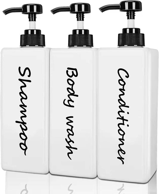 Shampoo and Conditioner Dispenser (Set of 3, 21oz) Modern Refillable Shampoo Pump Bottles for Shower Soap - Empty Body Wash Dispenser Set for Bathroom
