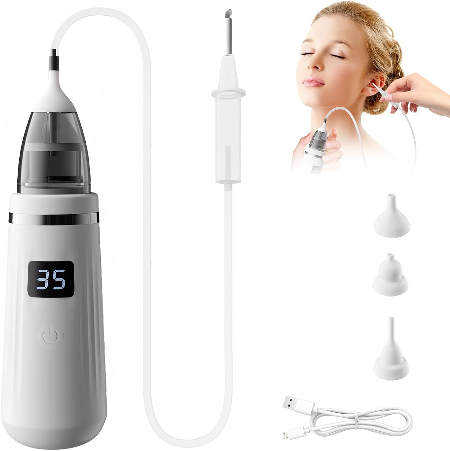 Ear Wax Vacuum,Ear Vacuum Suction,5 Levels,LED, Sucker Soft, Reusable Ear Wax Removal Kit,USB Charging, for Kids & Adult,Swimmers