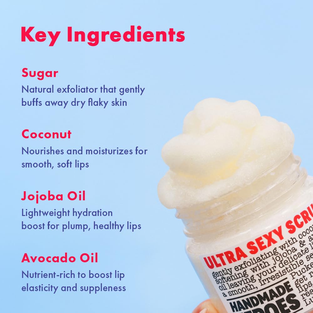 Handmade Heroes 100% Natural Lip Scrub, Vegan Conditioning Coconut Exfoliator - Gentle Exfoliant, Sugar Polish and Scrubber for Chapped Dry Lips, 1oz (Coconut Sorbet)
