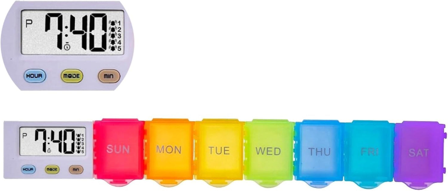 [4 in 1] 7 Day Medicine Pill Organizer+5 Reminder Alarms+Timer+Clock,Large Compartment,Loud Sound,Large Screen,Moisture-Proof,Dust-Proof,Travel Weekly/Daily Pill Box/Organizer/Case/Container/Dispenser