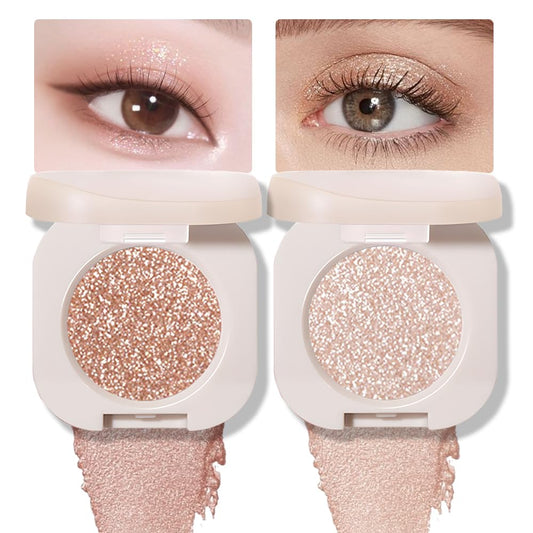 2Pcs Glitter Shimmer Sparkle Eyeshadow Palette Makeup, Light Brown Pearl White Glitter Shimmer Metallic Holographic Multichrome Cream Iridescent Single Monochrome Eye Shadow Makeup