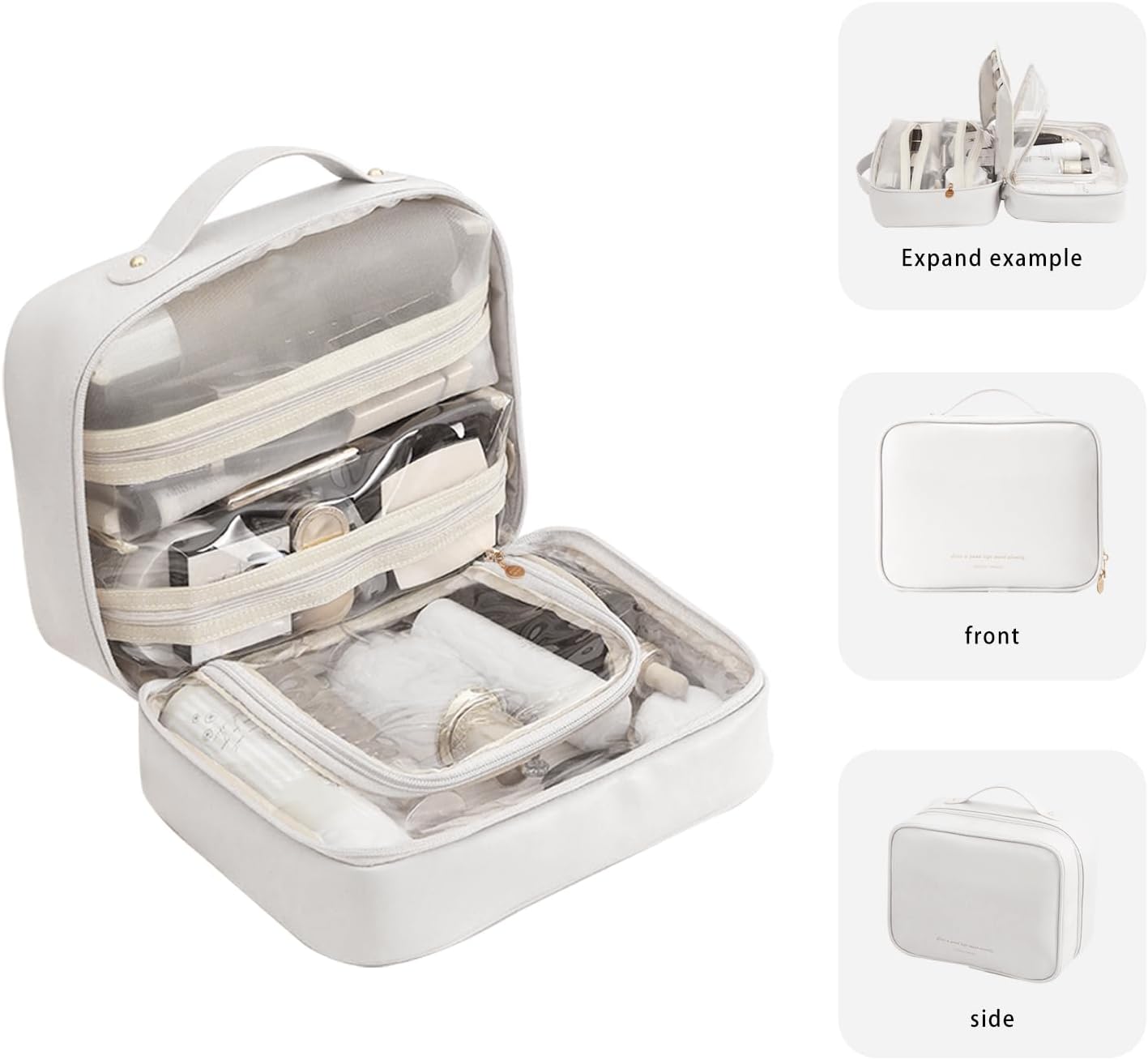 RIGHT AWAY Travel Toiletry Bag for Women, Makeup Bag& Cases, Waterproof Makeup Organizer Cosmetic Bag with Compartments,Portable Make Up Bag for Travel Size Toiletries,Skincare,Brushes Set,White