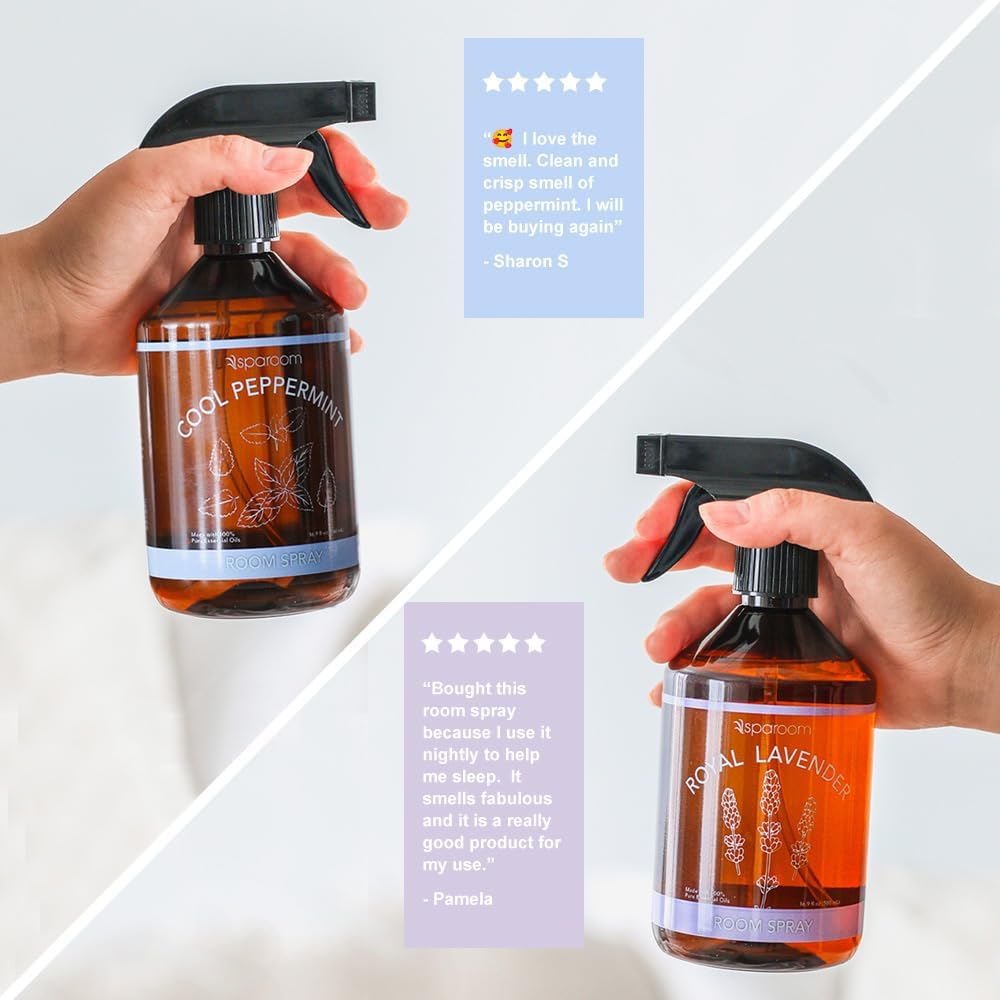 SpaRoom Linen Spray 2-Pack Combo – Cool Peppermint & Royal Lavender Aromatherapy Set with Essential Oils, Mist for Bedding, Linens, and Home – 2 x 16.9 oz Variety Pack