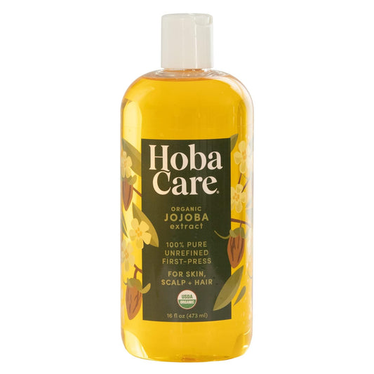 HobaCare Organic Jojoba Oil for Hair, Skincare, Face, Body, Scalp, Nails, Beard Care, Skin Massage - Unrefined Carrier Oil - 100% Pure, Hexane Free, Moisturizing (16 oz)