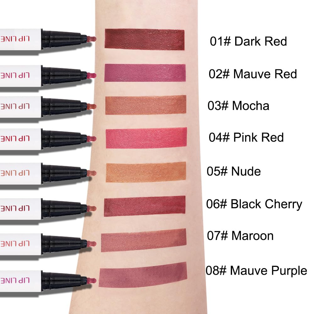 2Pcs Longwear Liquid Lip Liner Stain Marker Pen Set Long Lasting Waterproof, Maroon Dusty Mauve Purple Matte 24 Hour Lip Liner and Lipstick Combo Korean Color Stay Lipliner All Day Lips Stain peel off
