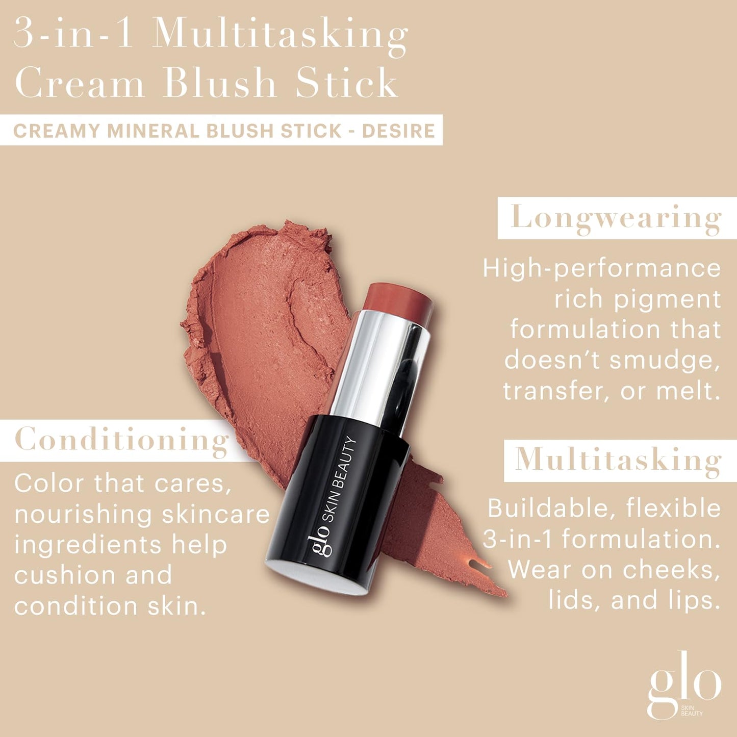 Glo Skin Beauty Cream Blush Stick (Desire) | 3-in-1 Multitasking Long-Wear Cheek, Lips + Lids Stick | Packed with Skincare Benefits