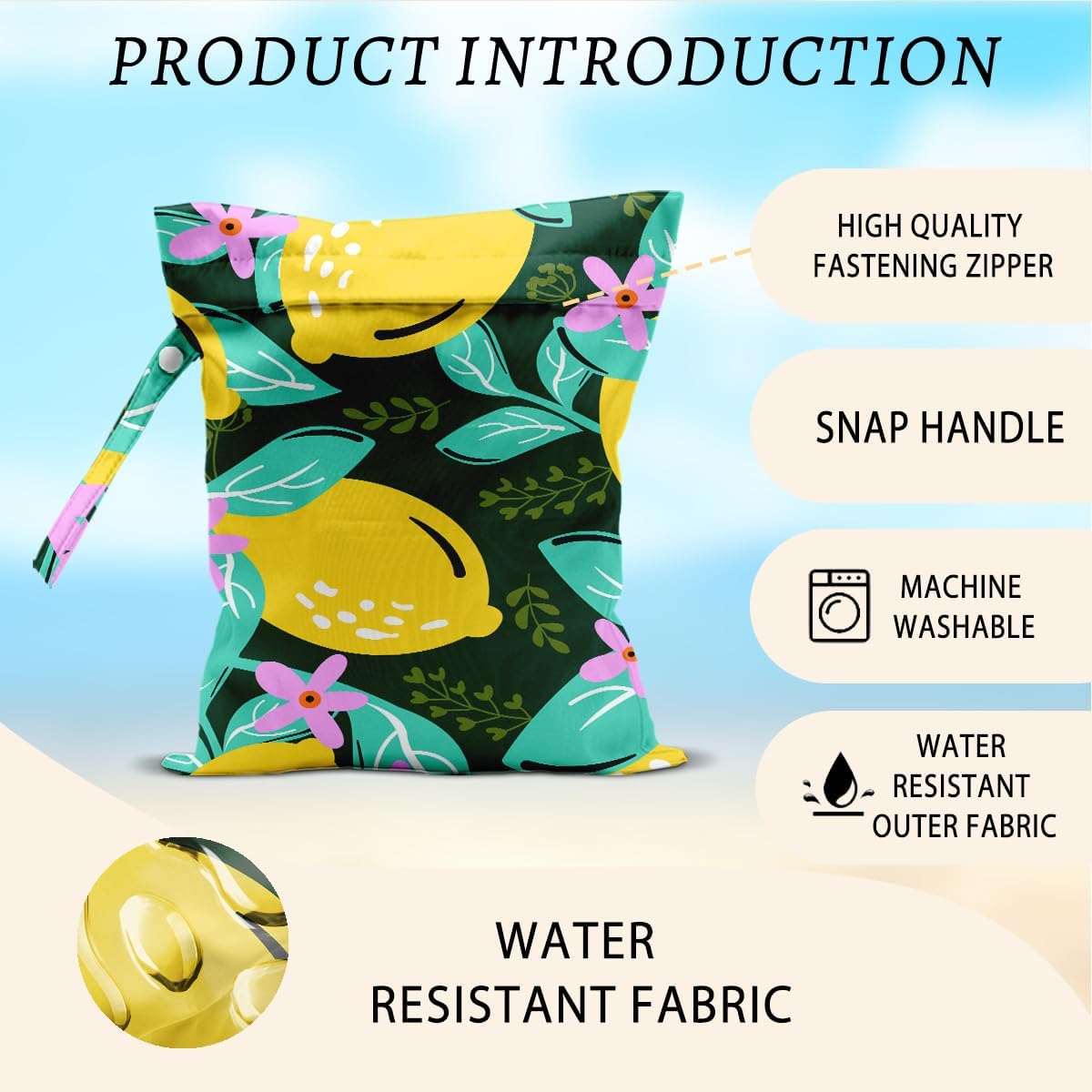 Lemon Wet Bags 12x10 Inch, Summer Flowers Waterproof Travel Laundry Bags, Washable Reusable Wet Dry Bag for Swimsuit Pool Beach Diapers Dirty Yoga Gym Clothes, Lemon Gifts for Women Friend Travelers