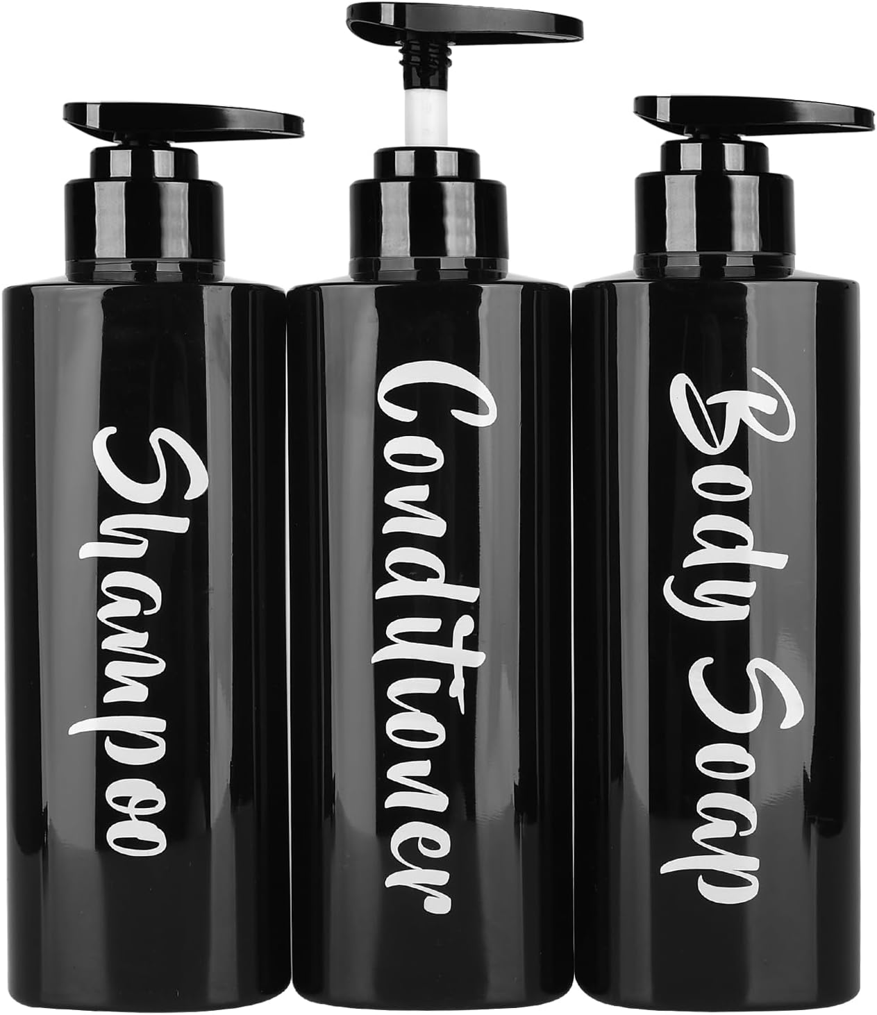 16.9oz Shampoo and Conditioner Bottles Set of 3-Printed Shower Soap Dispenser Plastic Shampoo Bottles Refillable with Pump - Shampoo Conditioner Body Wash Dispenser for Bathroom Shower Black