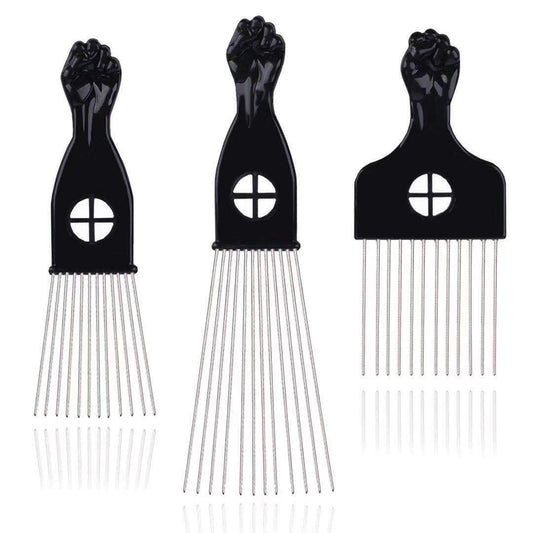 Hair Picks - Black Metal Afro Combs for Hair Styling, Fist Pick for Women and Men